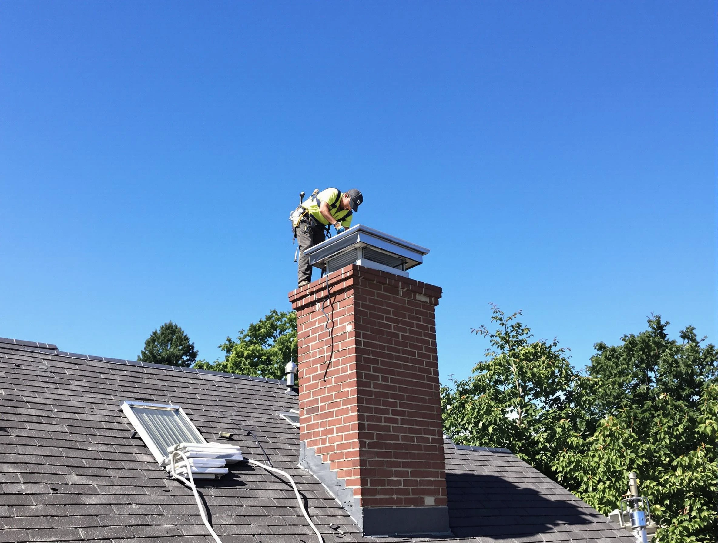 Lafayette Chimney Sweep technician measuring a chimney cap in Lafayette, CO